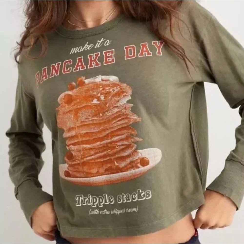 Aerie‎ Pancake Day Graphic Crop Tee Cozy Lounge Coffee Run XS NWT